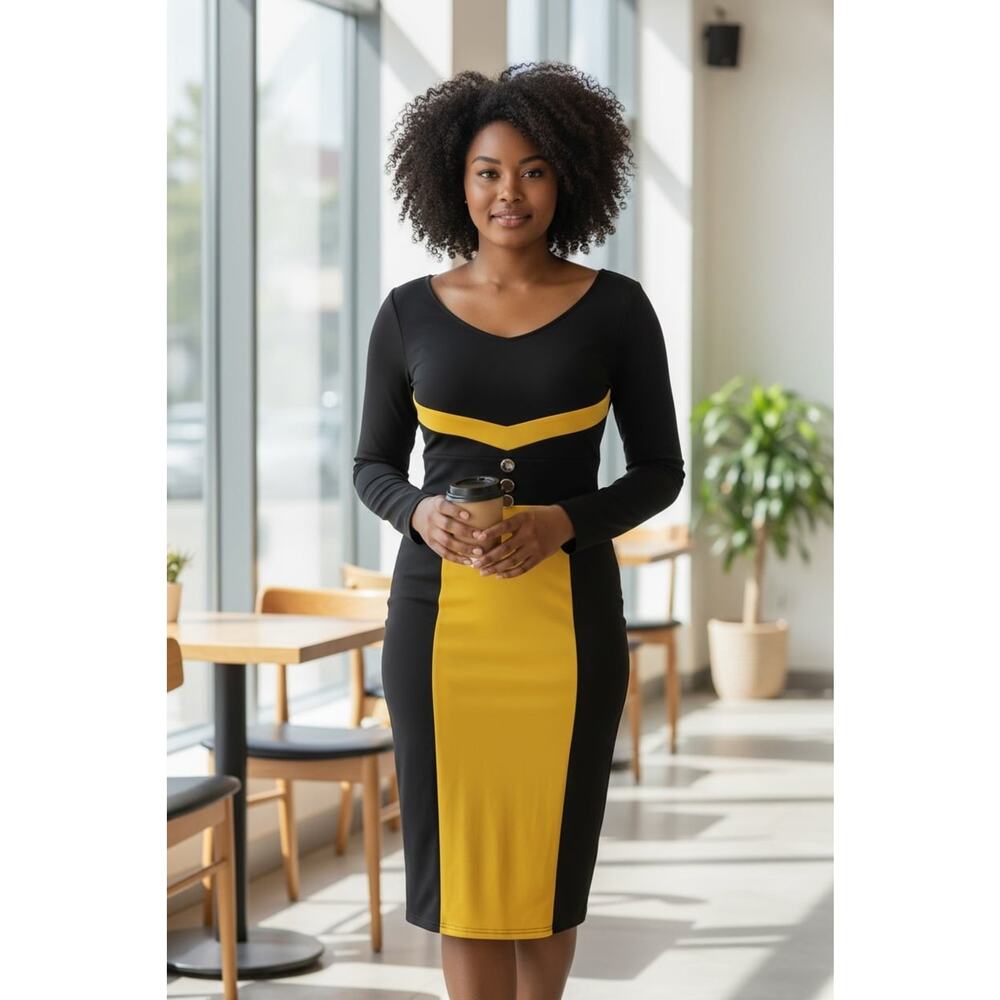 Fashion Mia Black and Yellow Colorblock Bodycon Midi Dress with Gold Buttons